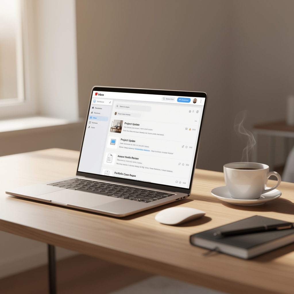 Organized administrative workspace with laptop and documents