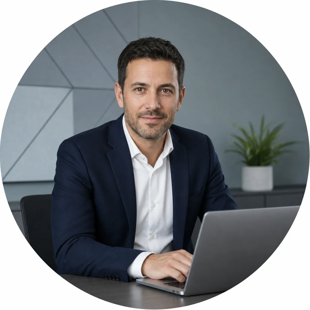 Portrait of Mark, a founder reviewing business documents