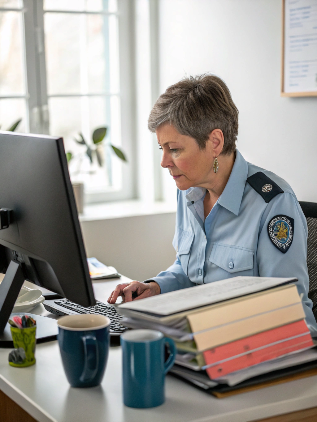 Professional reviewing corporate compliance documents in a modern office setting