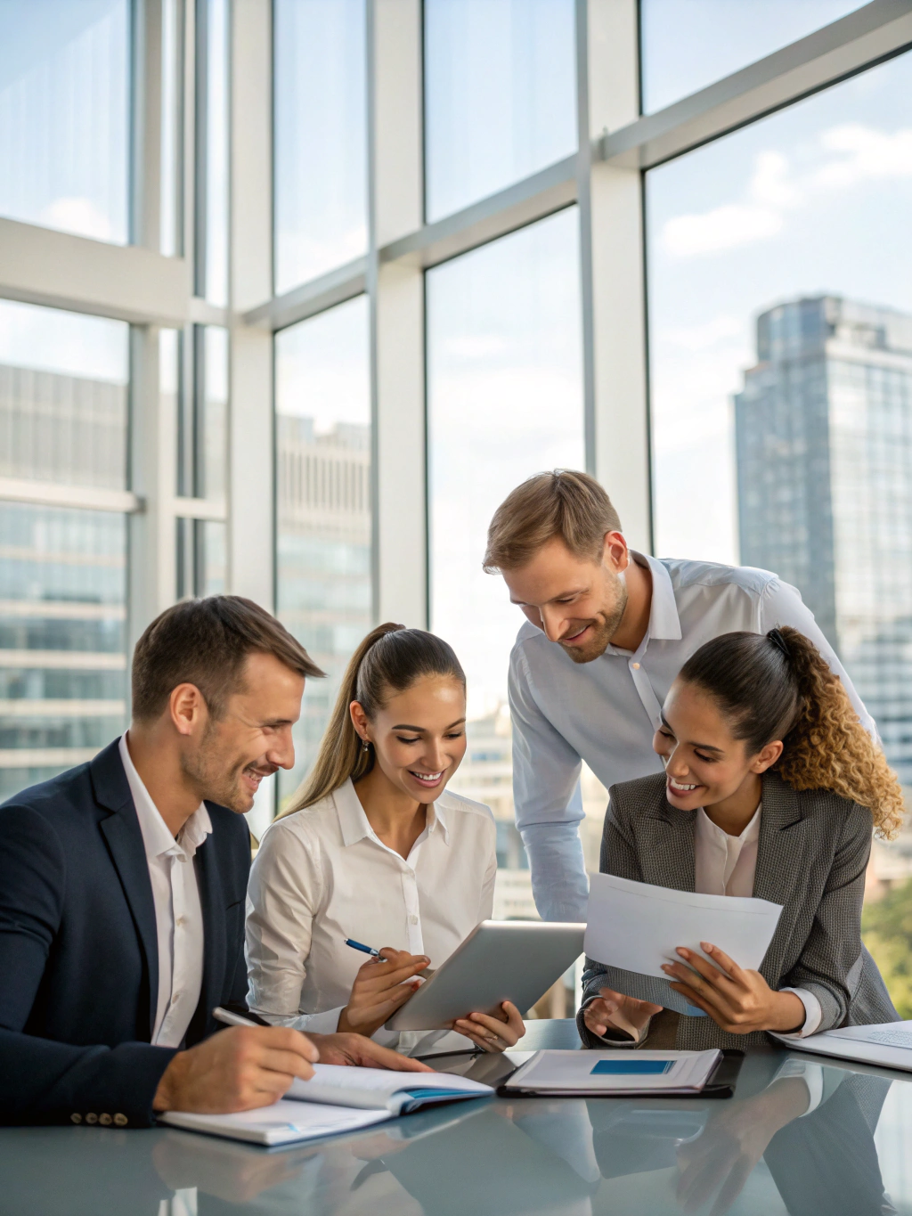 Professional team collaborating in a modern office space