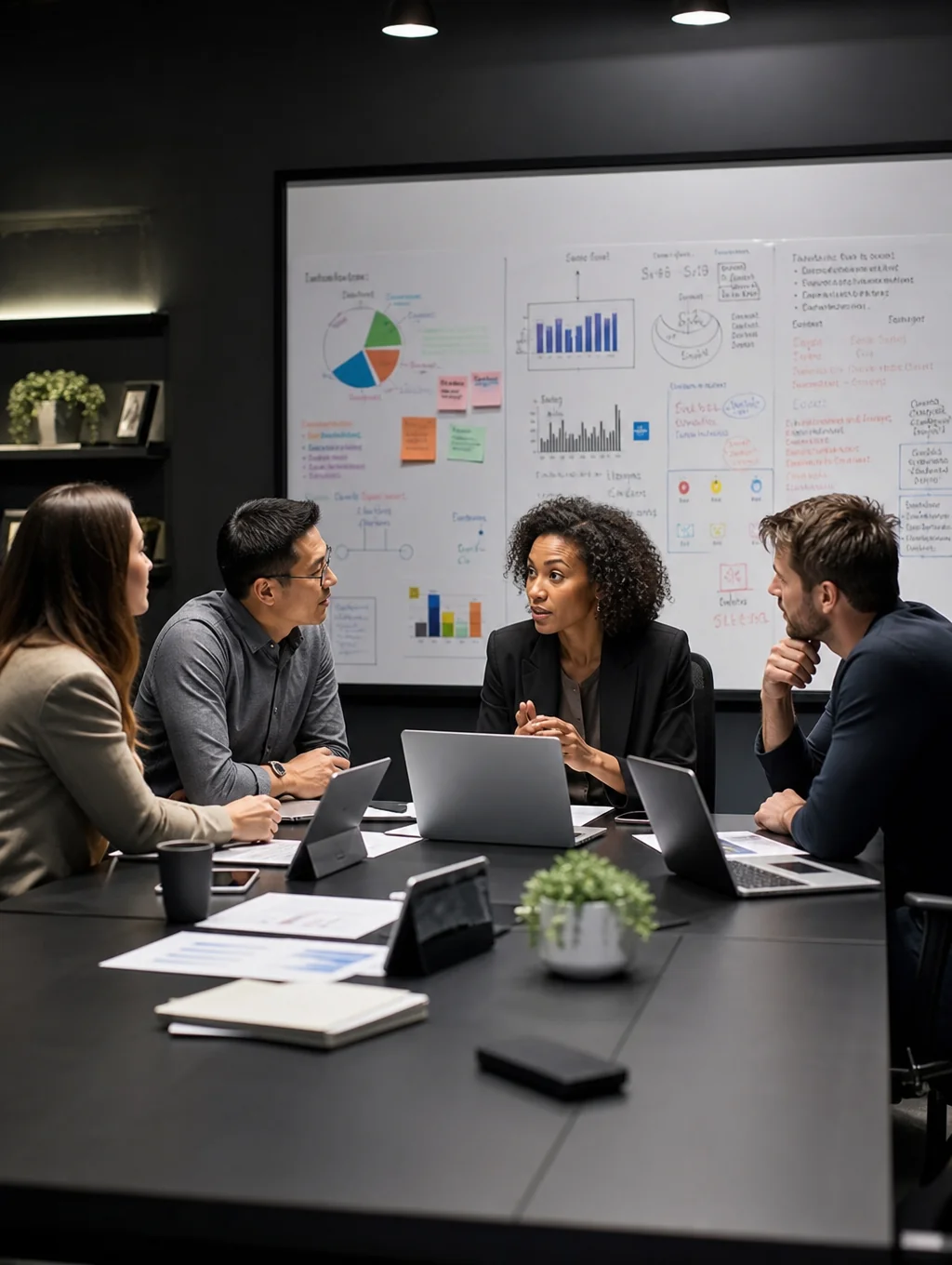 Professional team discussing strategy in a modern office
