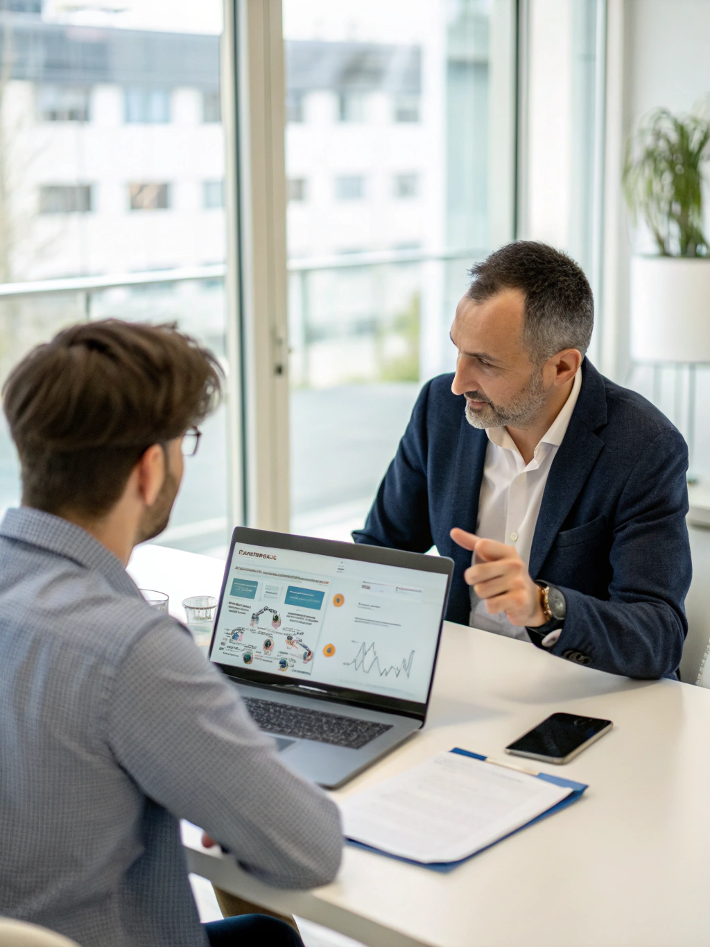 Professional consultant reviewing strategic documents with a client in a bright office