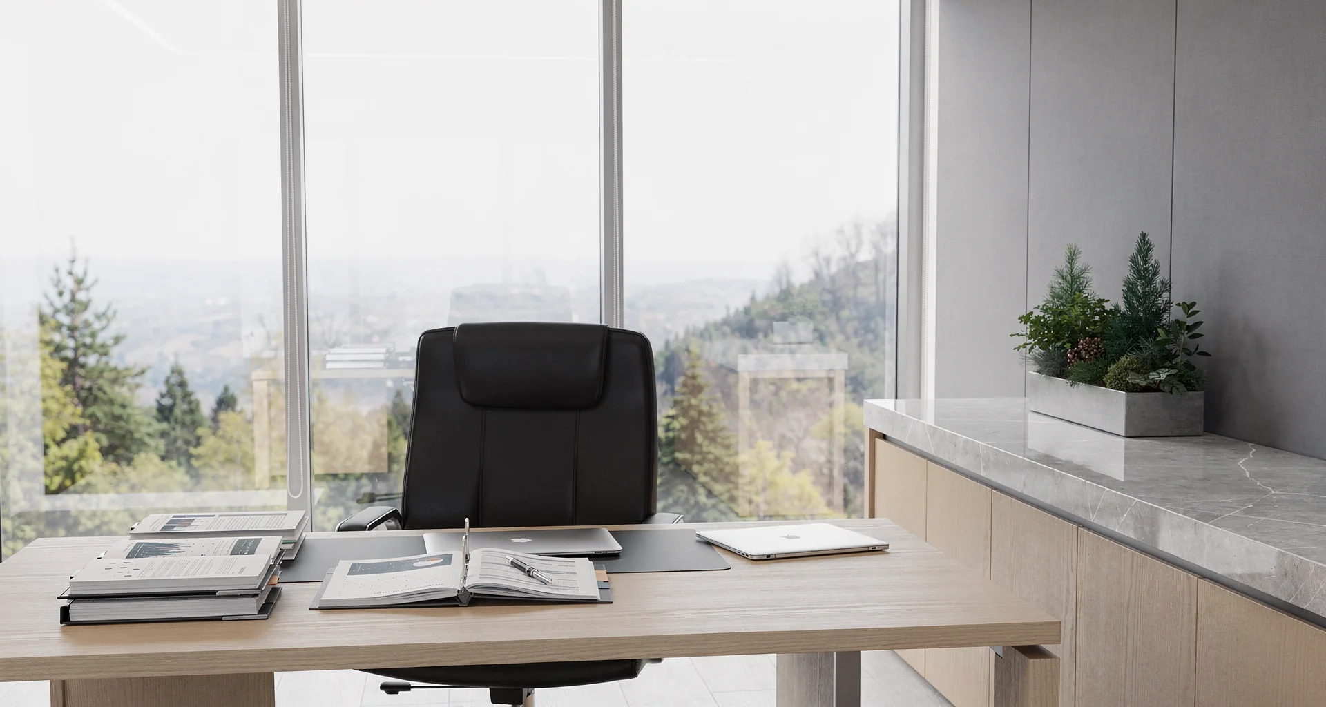 Classy modern glass office building interior with clean architectural lines